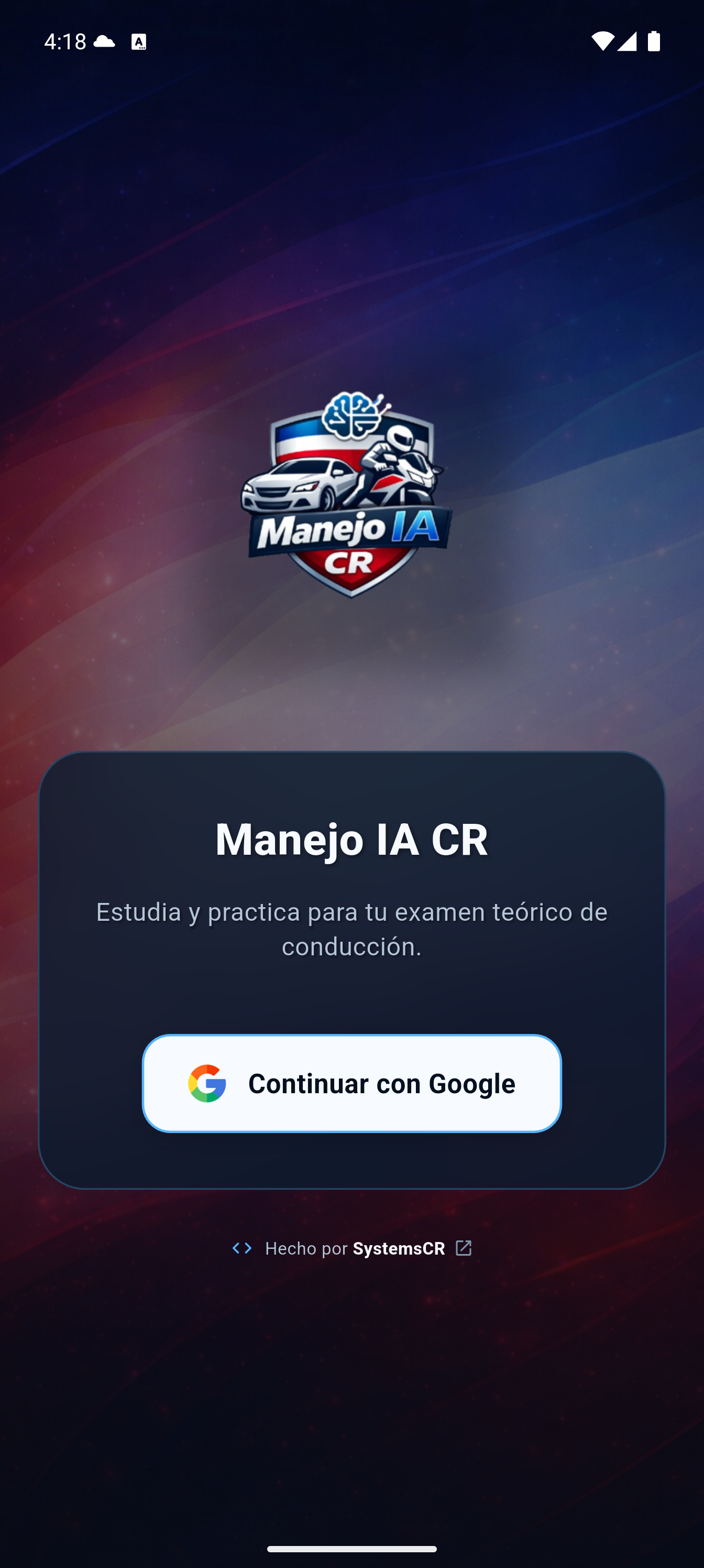 Pantalla de ingreso de Manejo IA CR con el botón Continuar con Google