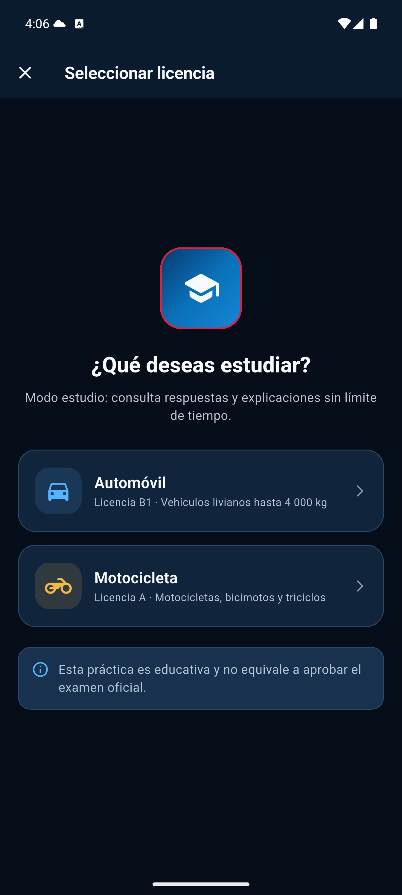 Pantalla para escoger automóvil o motocicleta