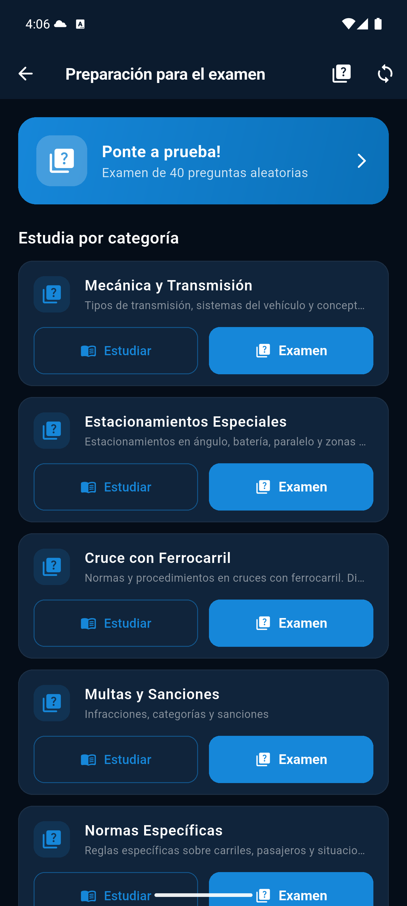 Categorías de práctica para automóvil
