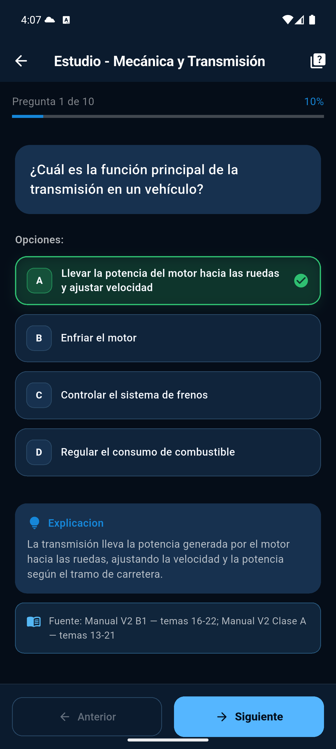 Modo de estudio de Manejo IA CR con respuesta explicada