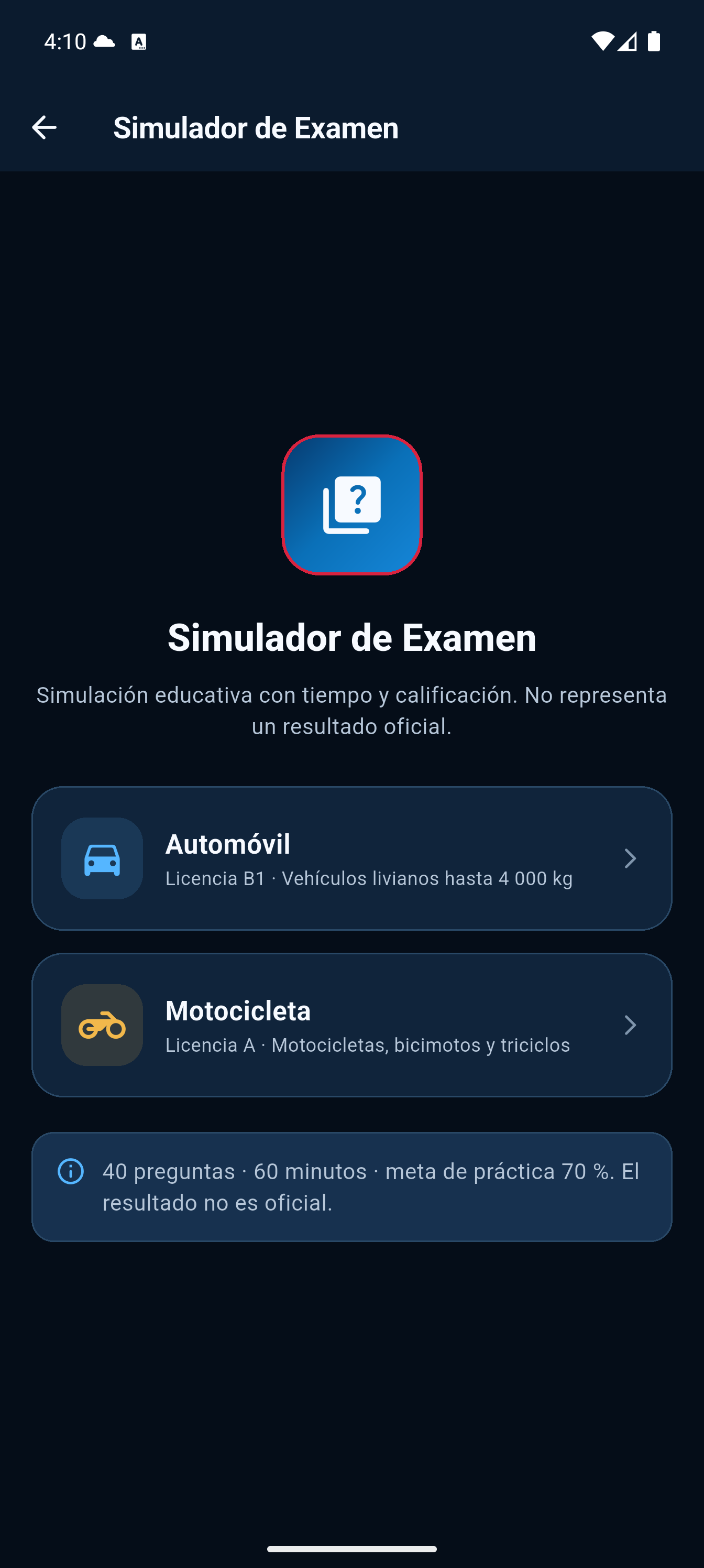 Selección del simulador de automóvil o motocicleta