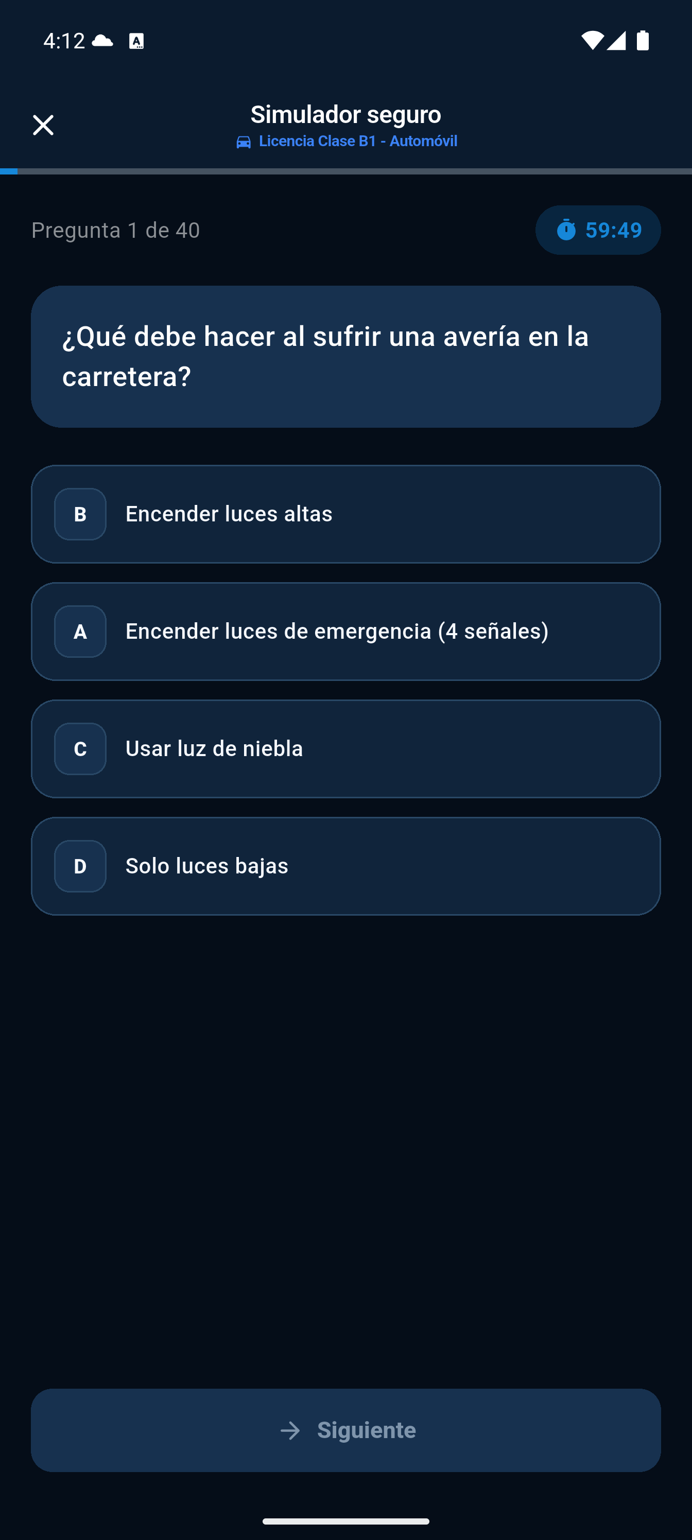 Simulador de examen con temporizador y cuatro respuestas
